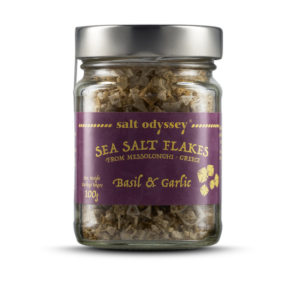 Salzflocken mit Knoblauch & Basilikum 100g Glas Salt Odyssey